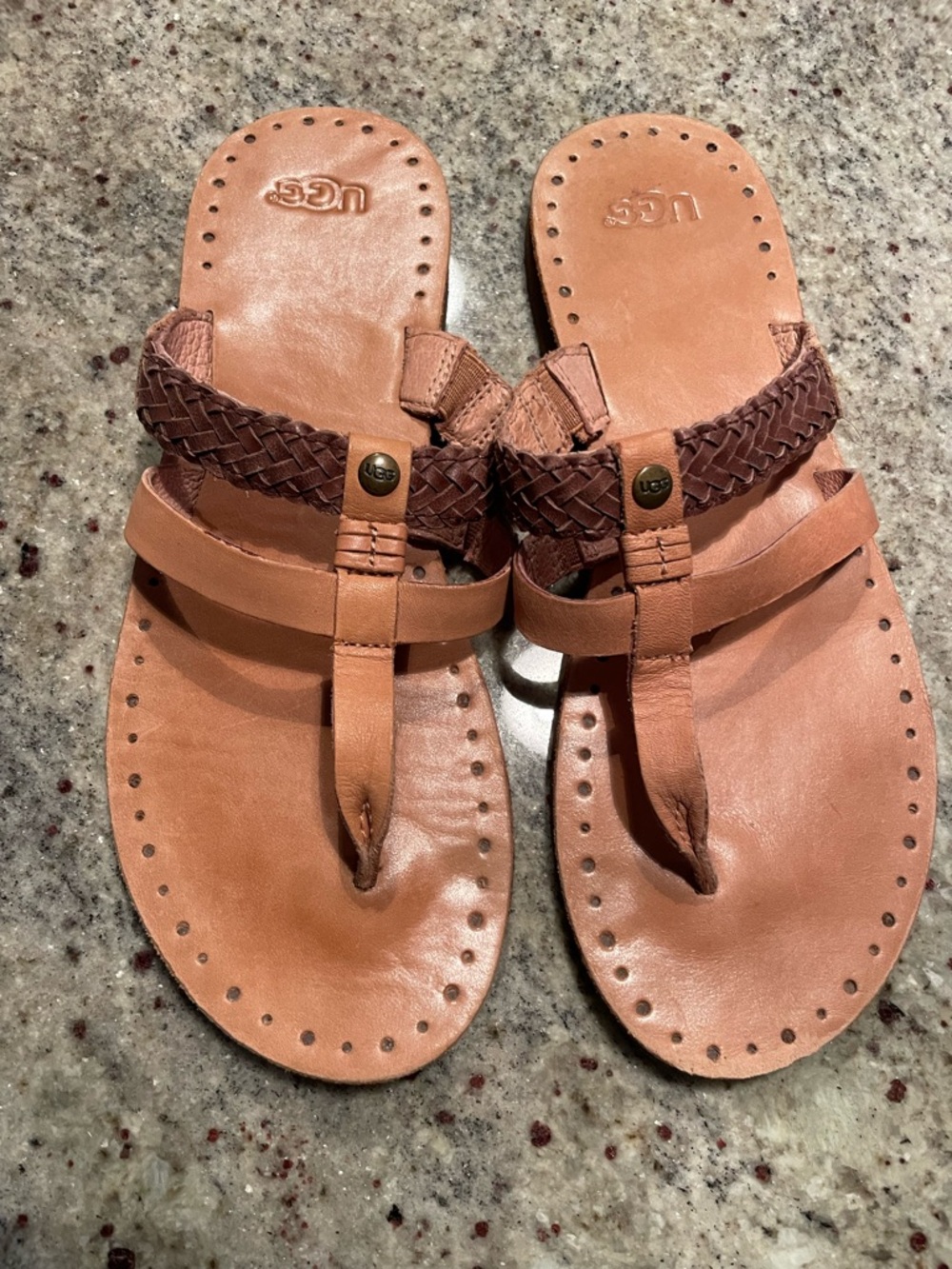 UGG Women's Tan Braided Leather Toe-Post Sandals